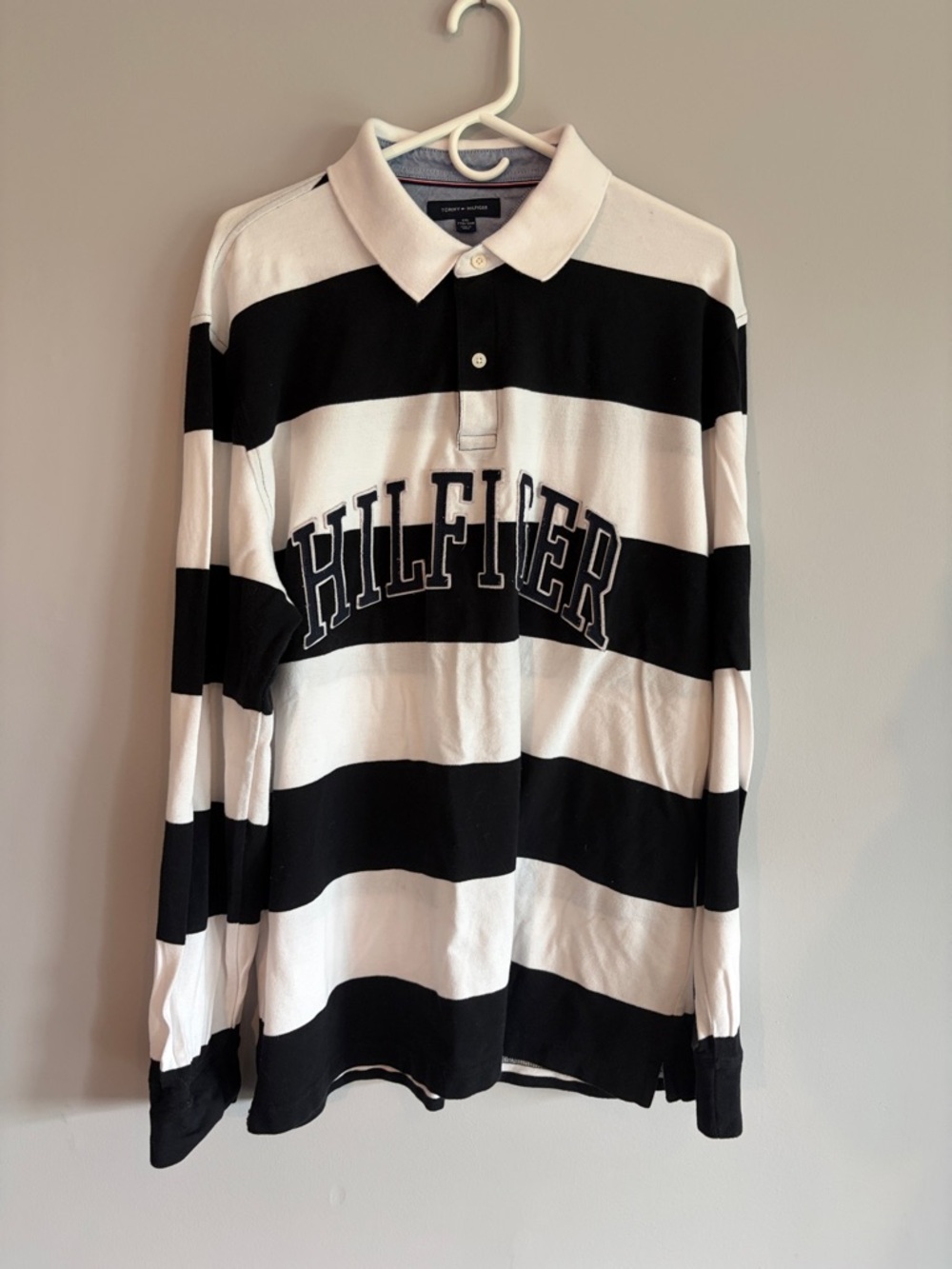 Men XXL Tommy Hilfiger Black and White Striped Long Sleeve Rugby Polo